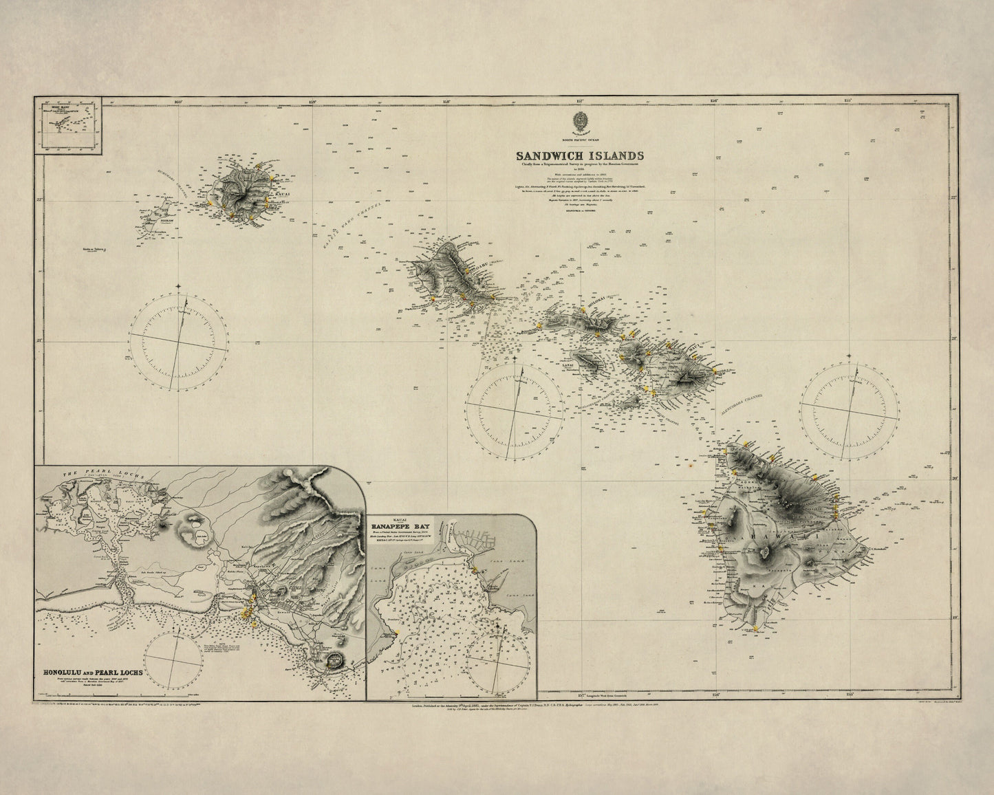 Hawaii Admiralty Map dated 1885 - Sandwich Islands - Antique Reproduction - Honolulu and Pearl Lochs - Hanapepe Bay - Available Framed