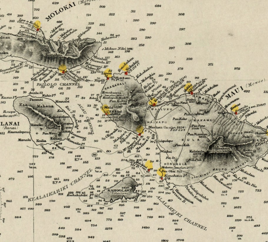 Hawaii Admiralty Map dated 1885 - Sandwich Islands - Antique Reproduction - Honolulu and Pearl Lochs - Hanapepe Bay - Available Framed