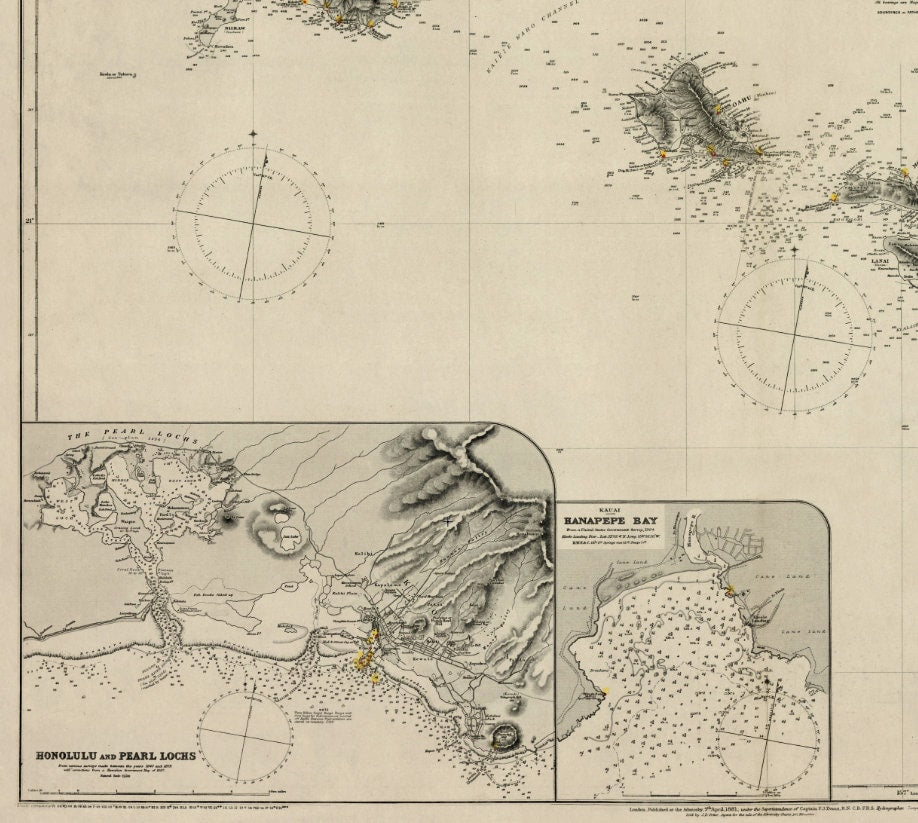 Hawaii Admiralty Map dated 1885 - Sandwich Islands - Antique Reproduction - Honolulu and Pearl Lochs - Hanapepe Bay - Available Framed