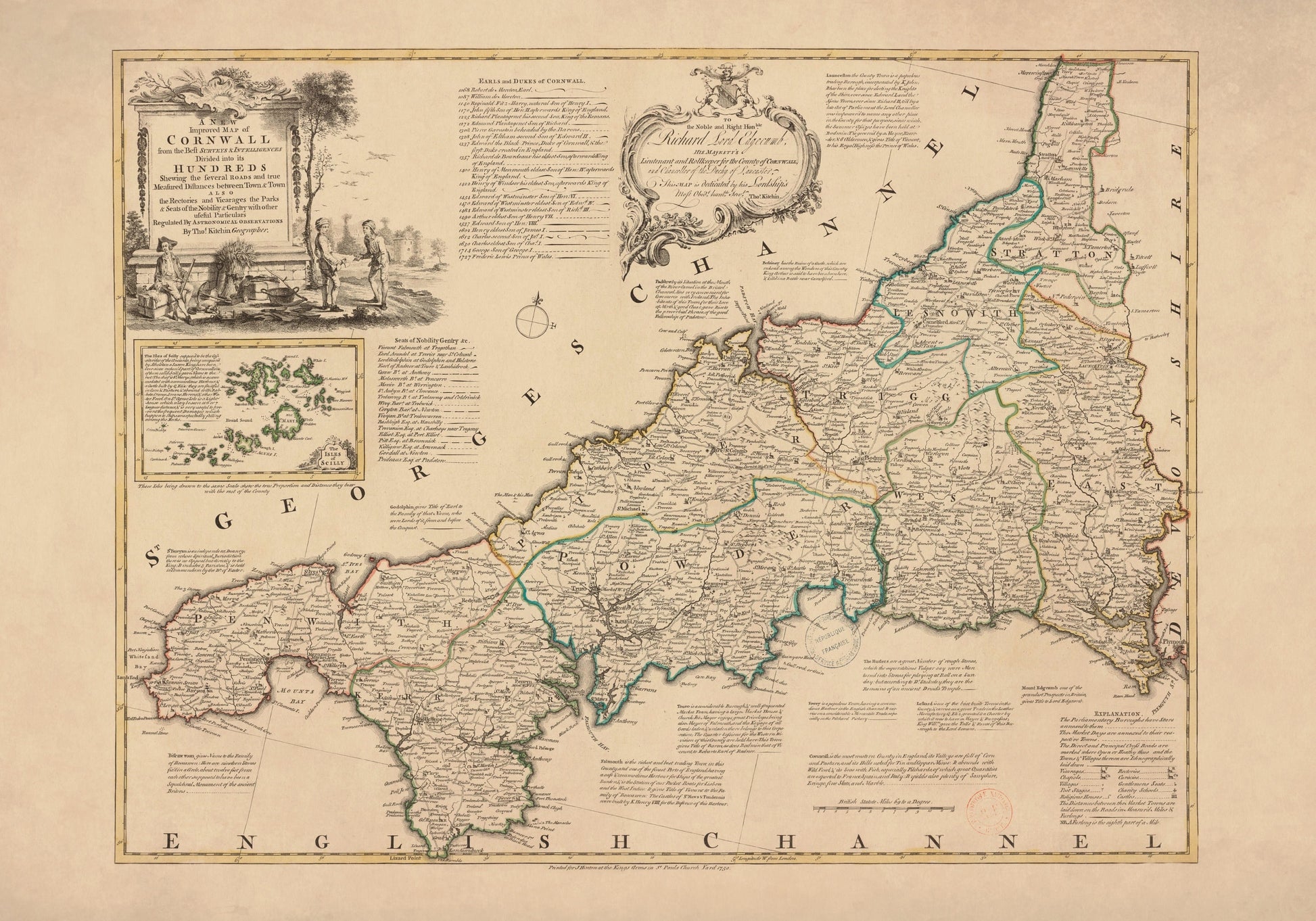 Cornwall Map dated 1750 - Antique Reproduction - Emanuel Bowen - Detailed County Map - Available Framed