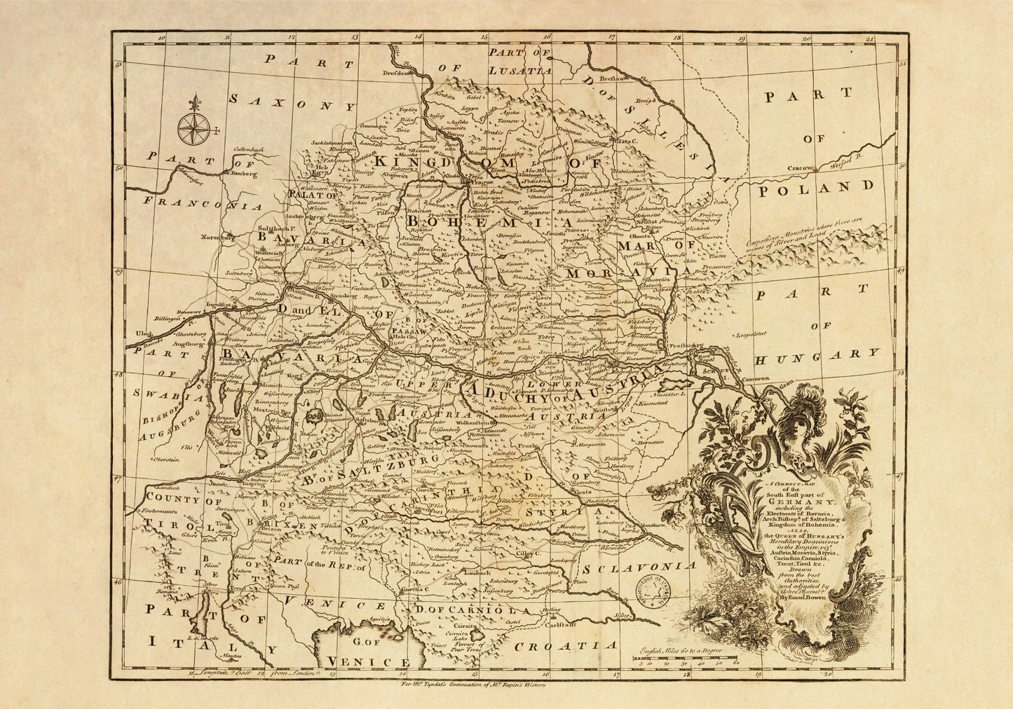 Bavaria, Austria, Bohemia, Moravia Map - dated c.1747 - Antique Reproduction - Salzburg, Tirol, Styria, Hungary - Available Framed