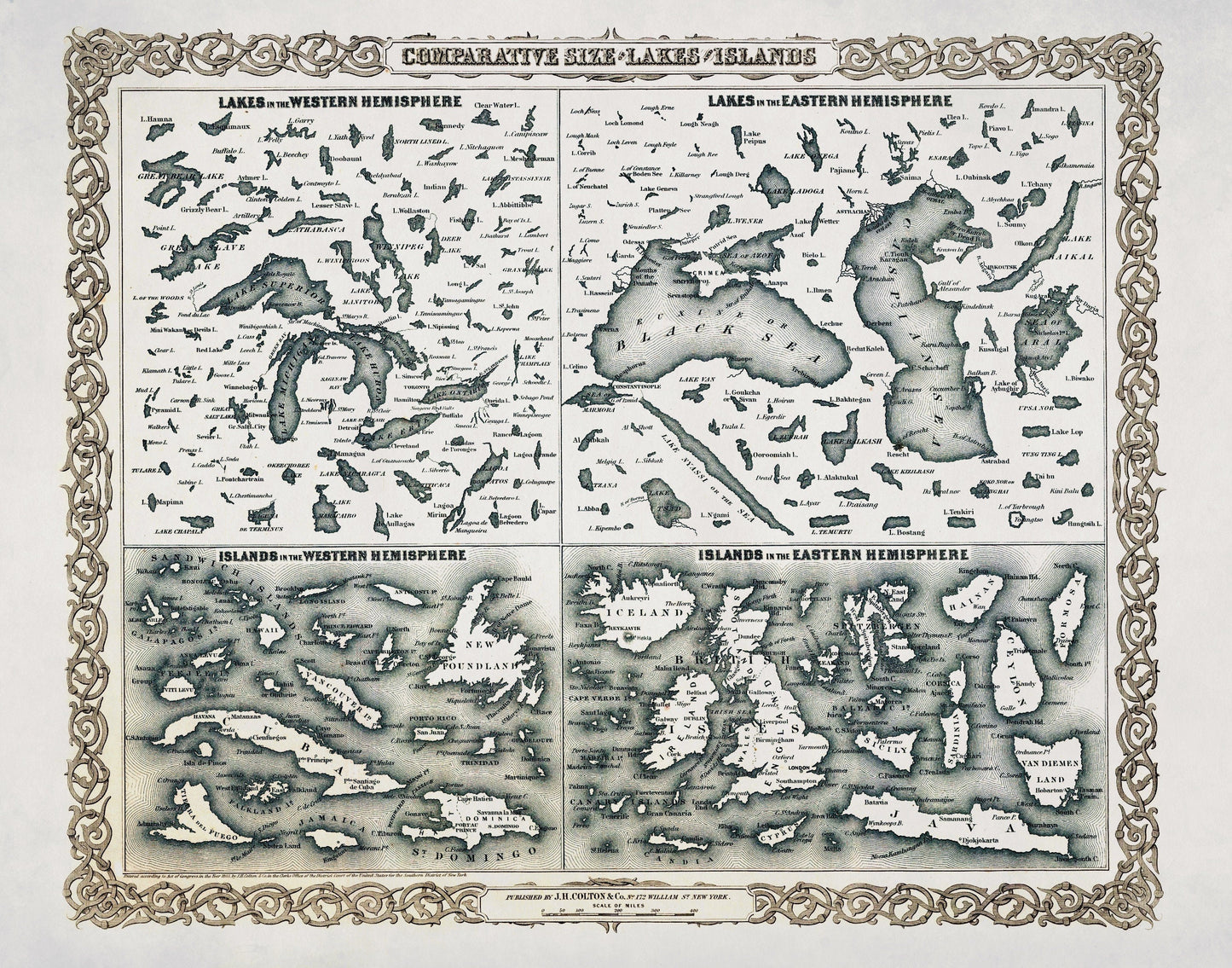 Comparative Size of Lakes and Islands in the Western and Eastern Hemispheres Antique Reproduction - Geography Poster - Available Framed