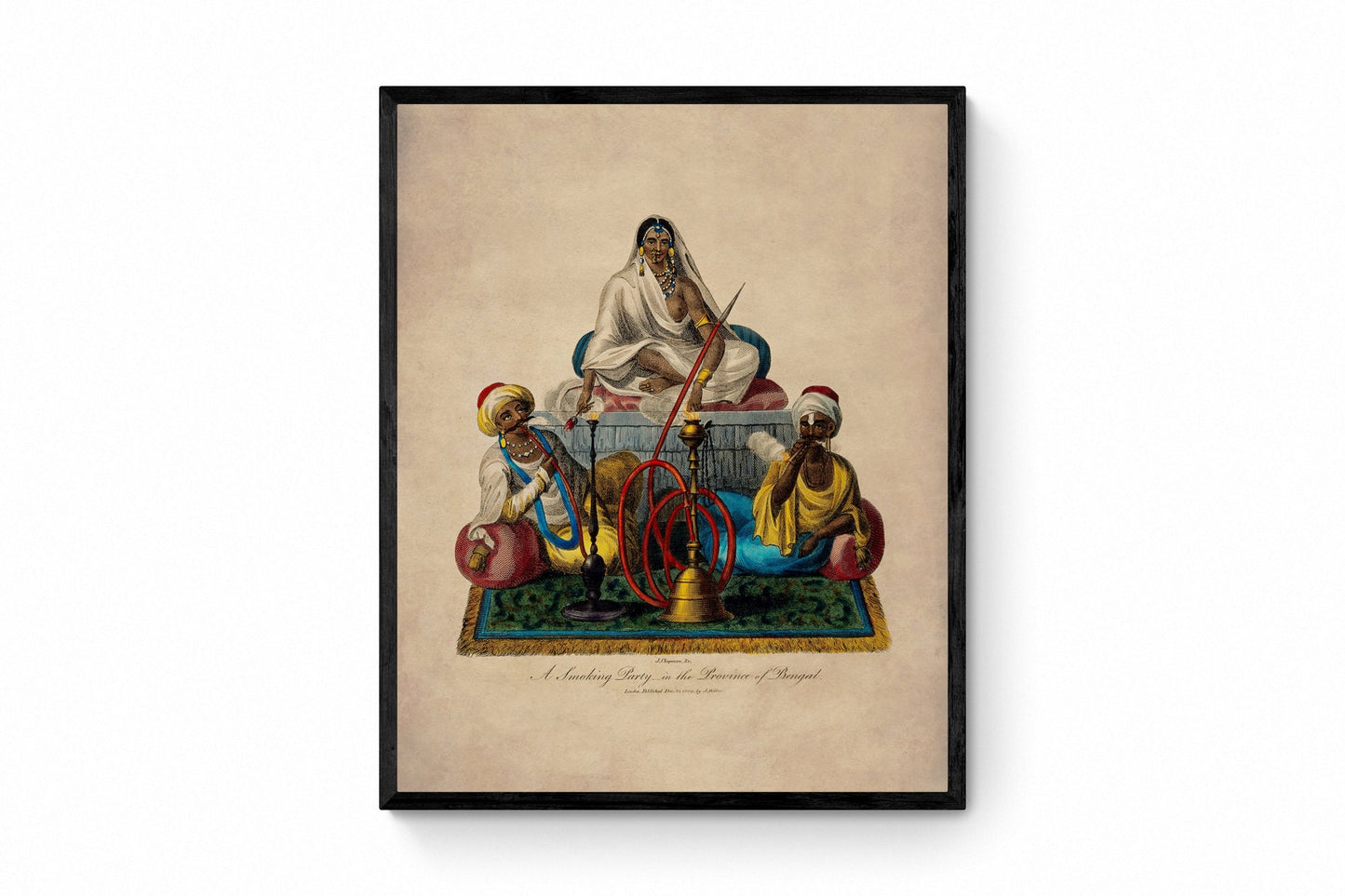 Smoking Party in the province of Bengal Print - dated 1809 - Antique Reproduction - India - Shisha - Hookah - Cigar - Available Framed