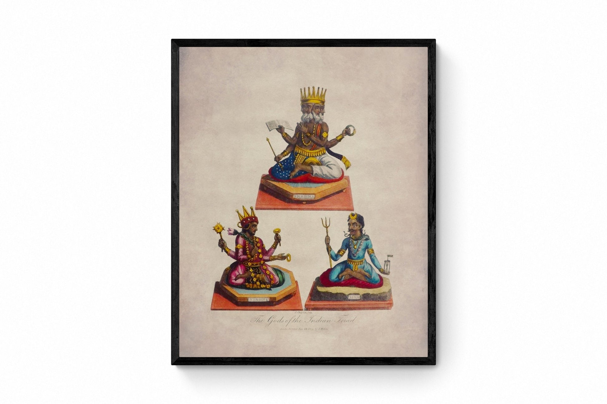 Trimurti - Brahma, Vishnu, Shiva - The Gods of the India Triad Print - dated 1809 - Antique Reproduction - Hinduism - Available Framed