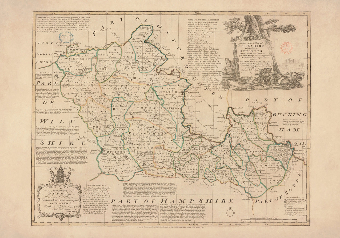 Berkshire Map dated 1756 - Antique Reproduction - Emanuel Bowen - Detailed County Map - Available Framed