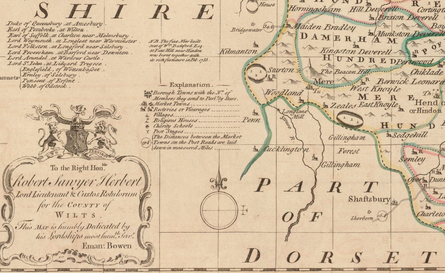 Wiltshire Map dated 1750 - Antique Reproduction - Emanuel Bowen - Detailed County Map - Available Framed