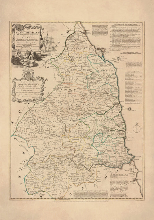 Northumberland Map dated 1760 divided into the wards - Antique Reproduction - Thomas Kitchin - Detailed County Map - Available Framed