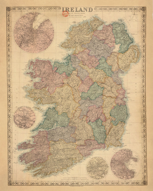 Ireland from the Ordnance Survey Map dated 19th Century - Antique Reproduction - Detailed Vintage Wall Map - Available Framed