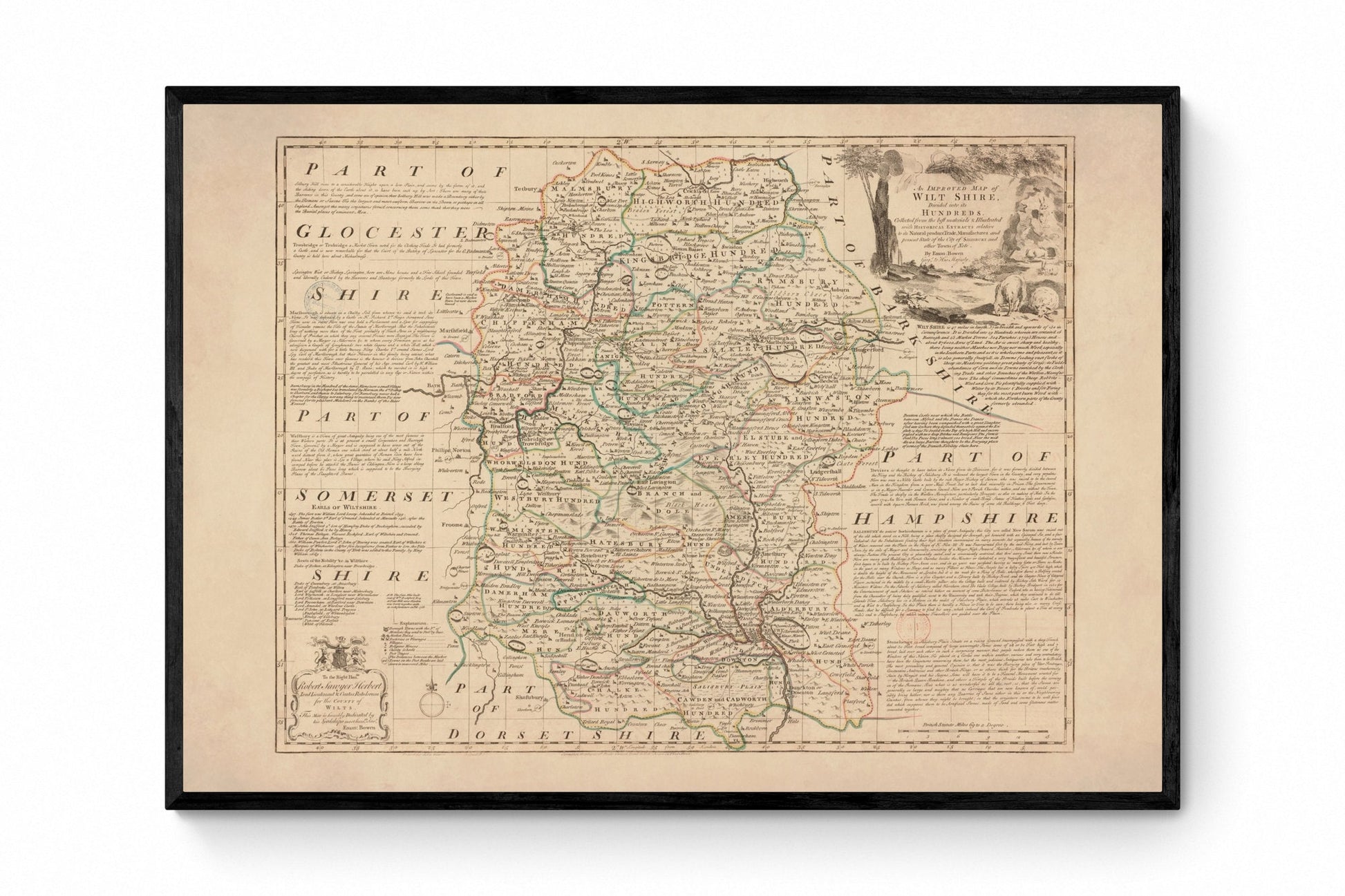 Wiltshire Map dated 1750 - Antique Reproduction - Emanuel Bowen - Detailed County Map - Available Framed