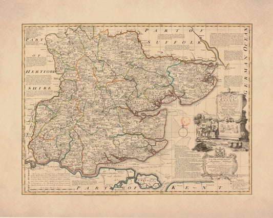 Essex Map dated 1750 - Antique Reproduction - Detailed County Map - Available Framed