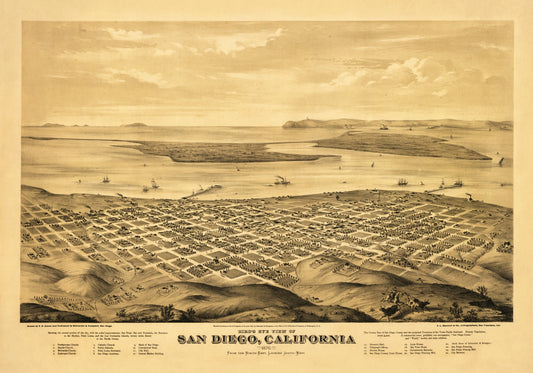 San Diego Birds Eye View Map - Antique Reproduction - Dated 1876 - City Plan - Eli Sheldon Glover - California - Available Framed