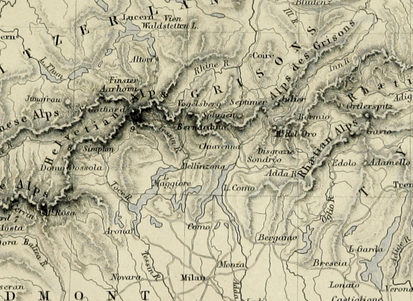 Central Chain of the Alps Map dated 1871 - Antique Reproduction - Mountain Pass - Switzerland - Austria - Italy - France - Available Framed