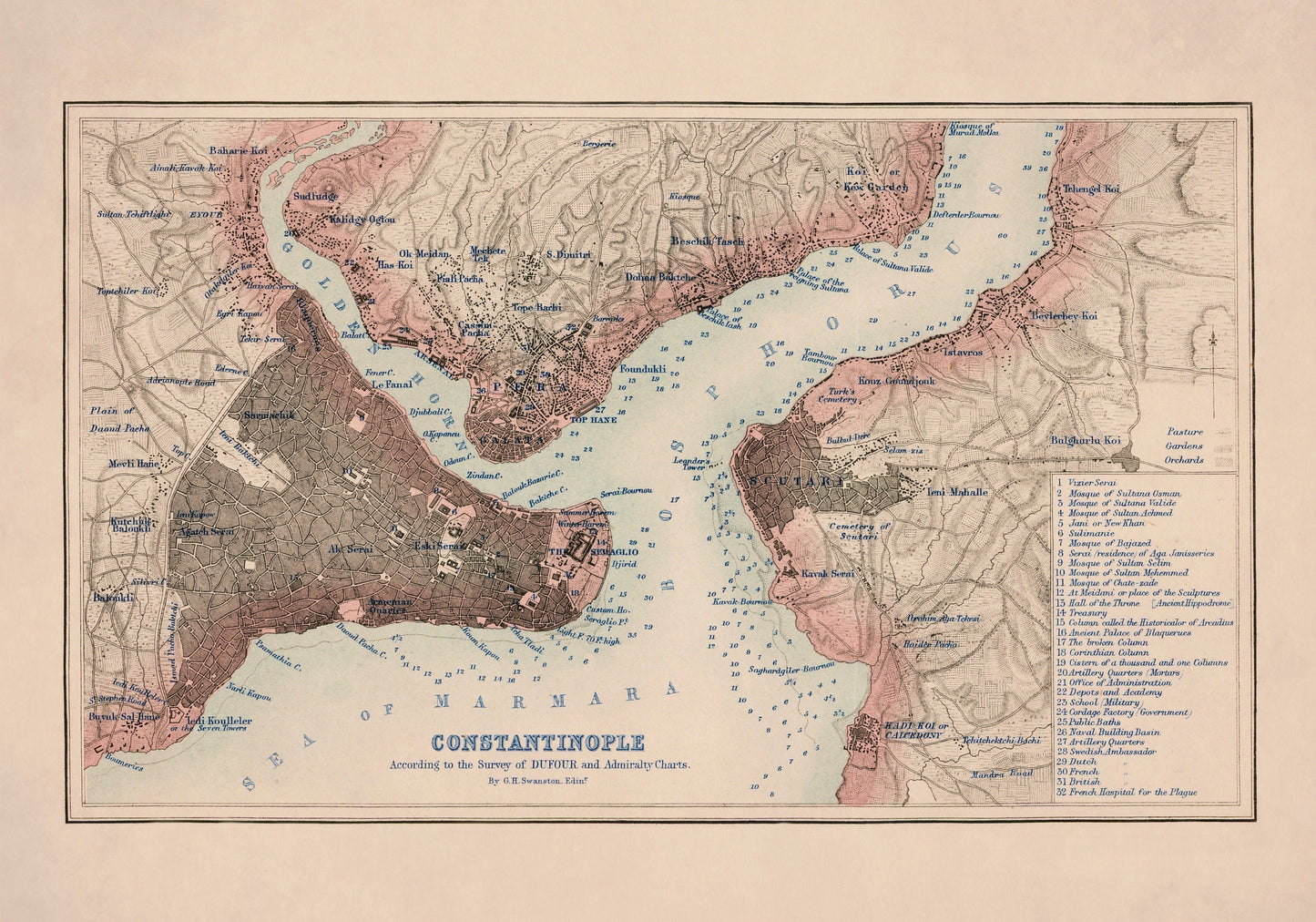 Constantinople (Istanbul) Map dated 1855 - Antique Reproduction - City Plan - Turkey - Ottoman Empire - Available Framed