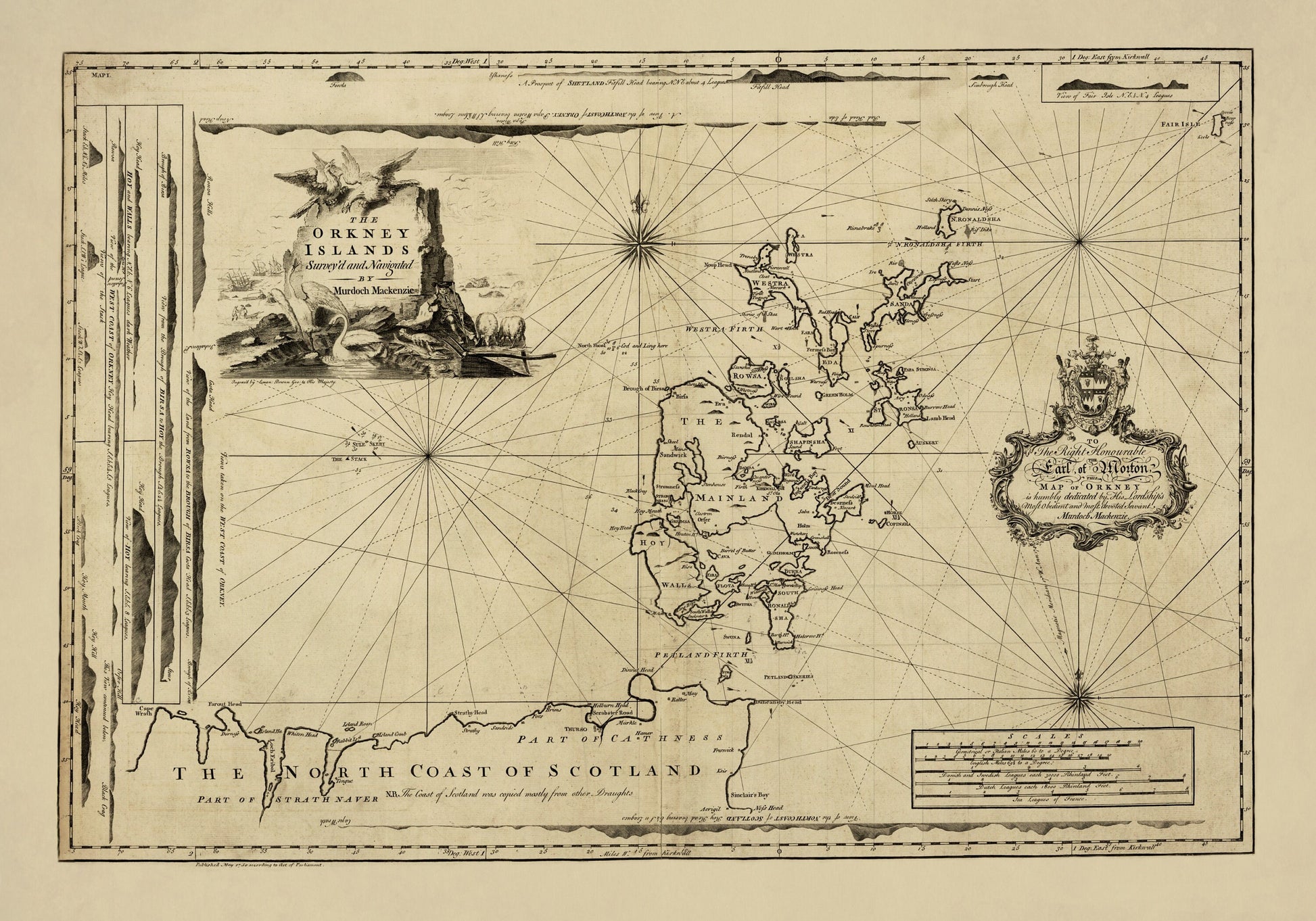 The Orkney Islands surveyed and navigated by Murdoch Mackenzie dated 1750 - Antique Reproduction - Scotland - Available Framed