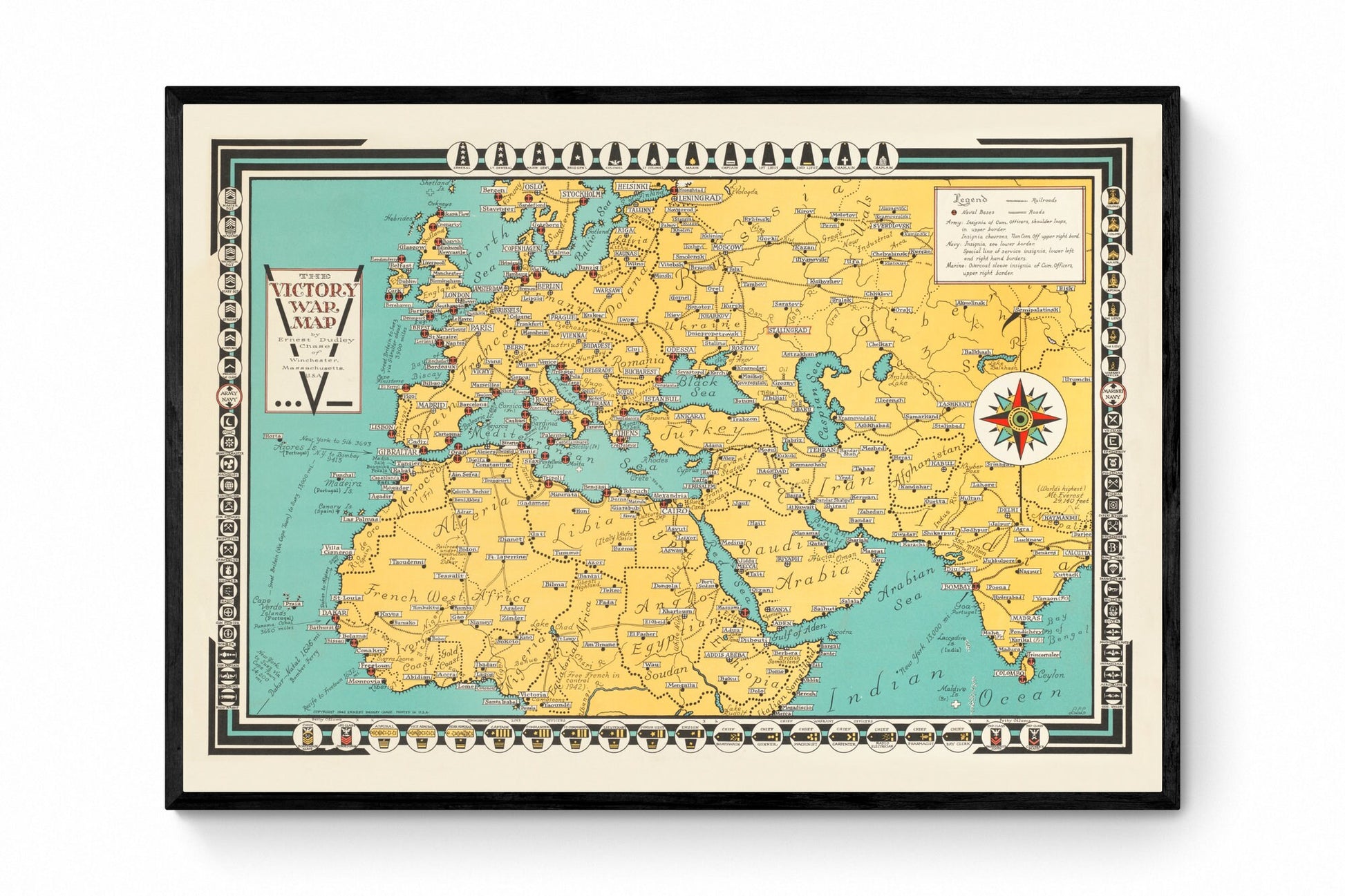 Victory War Map showing Naval Bases and Army, Navy and Marine Insignia - Antique Reproduction - Military History - Available Framed