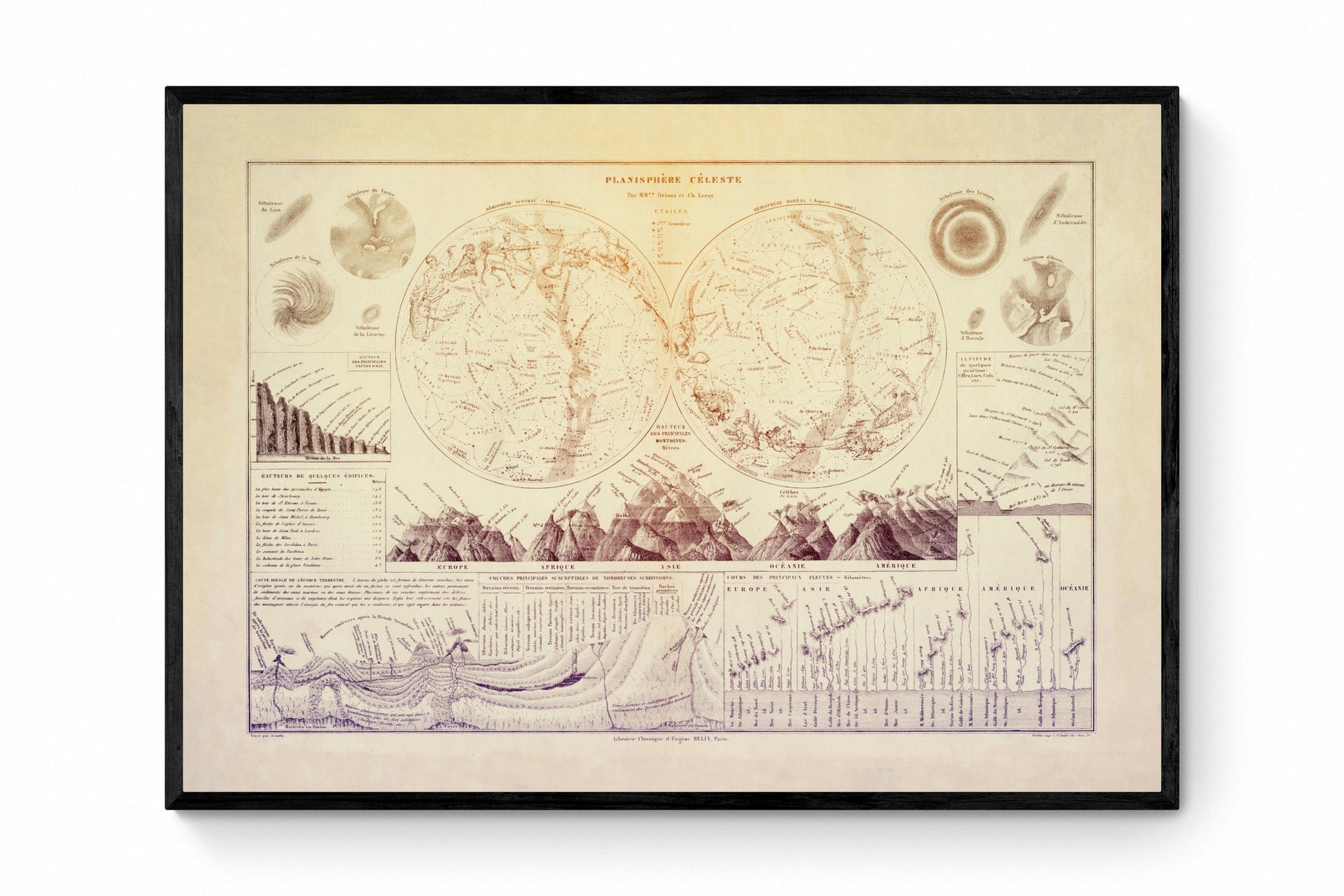 Planisphere Celeste - dated 1840 - Antique Reproduction - Star Map - Constellation - Astronomy - Rivers - Mountains - Geography - Wall Decor