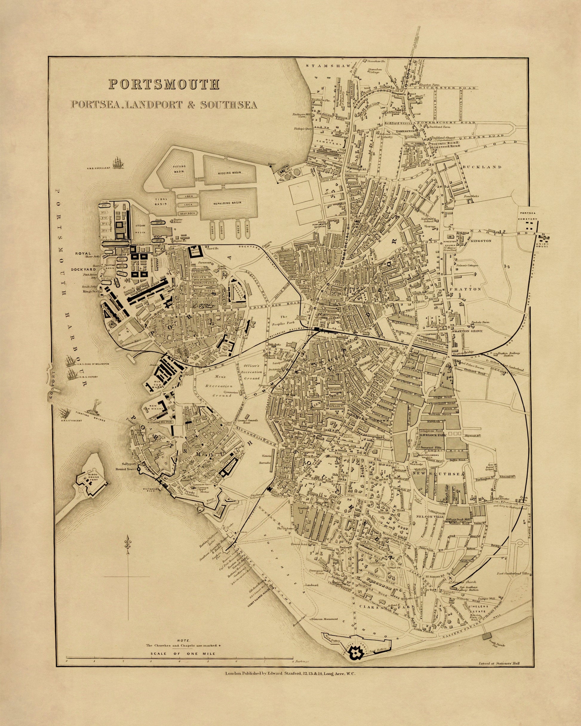 Portsmouth, Portsea, Landport and Southsea Map - Antique Reproduction - 19th Century Map - Detailed City Plan - Hampshire - Available Framed