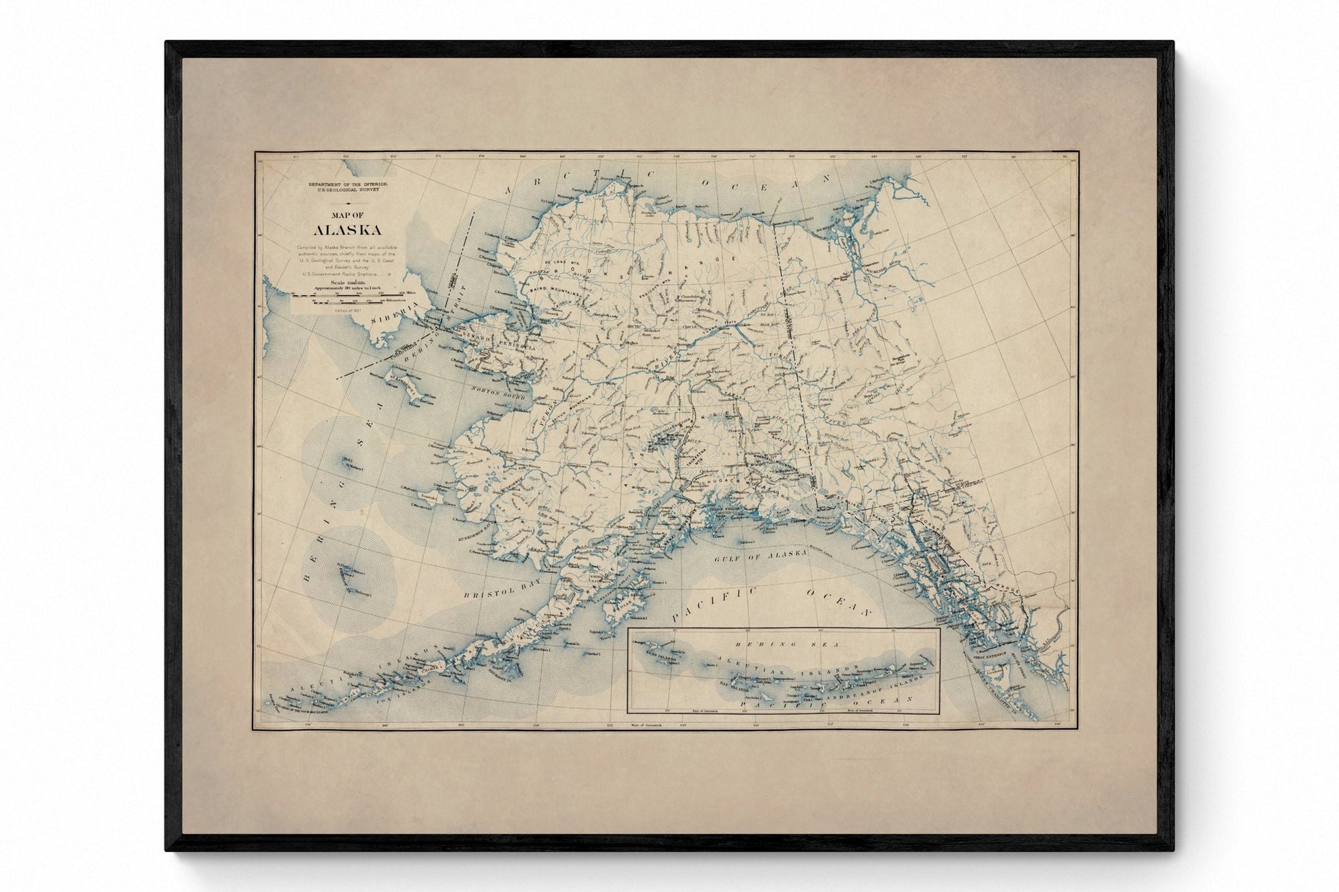 Alaska Map - Antique Reproduction - Dated 1927 - U.S. Geological Survey - showing U.S. Government Radio Stations - Available Framed