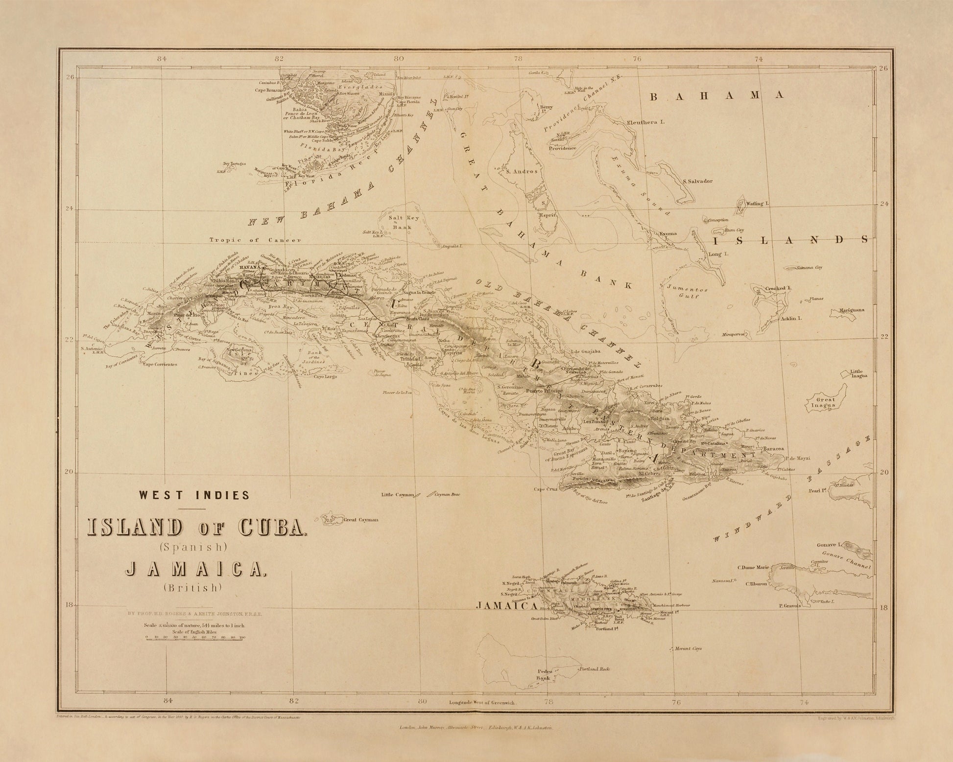 Cuba and Jamaica Map - Antique Reproduction - dated 1857 - West Indies - Caribbean Sea - Available Framed