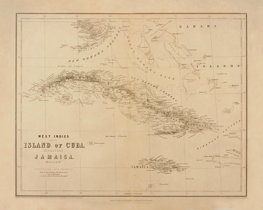 Cuba and Jamaica Map - Antique Reproduction - dated 1857 - West Indies - Caribbean Sea - Available Framed