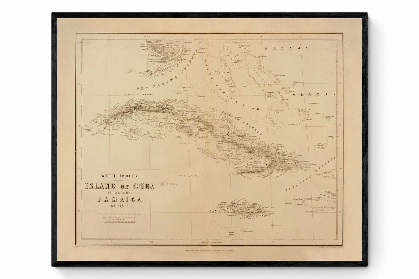 Cuba and Jamaica Map - Antique Reproduction - dated 1857 - West Indies - Caribbean Sea - Available Framed