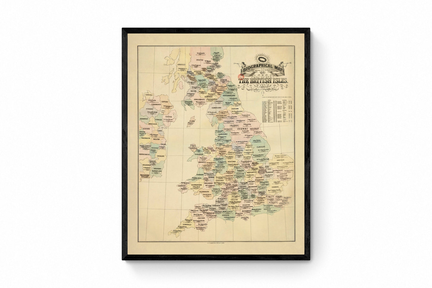 Biographical Map of the British Isles Map showing Authors, Poets, Statesmen, etc - Antique Reproduction - Britain Map - Available Framed