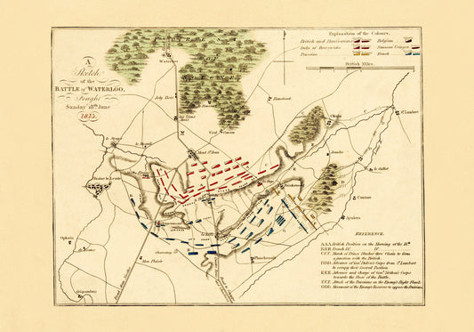 Battle of Waterloo Map showing positions in Battle - Antique Reproduction - Military History - Vintage Wall Map - Available Framed