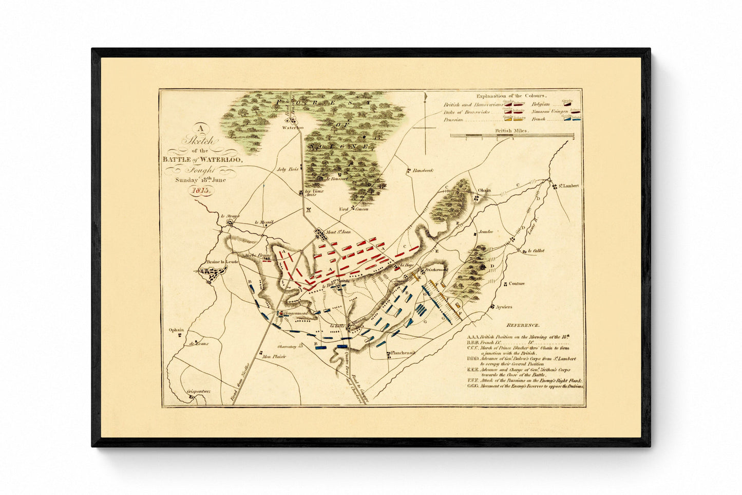 Battle of Waterloo Map showing positions in Battle - Antique Reproduction - Military History - Vintage Wall Map - Available Framed