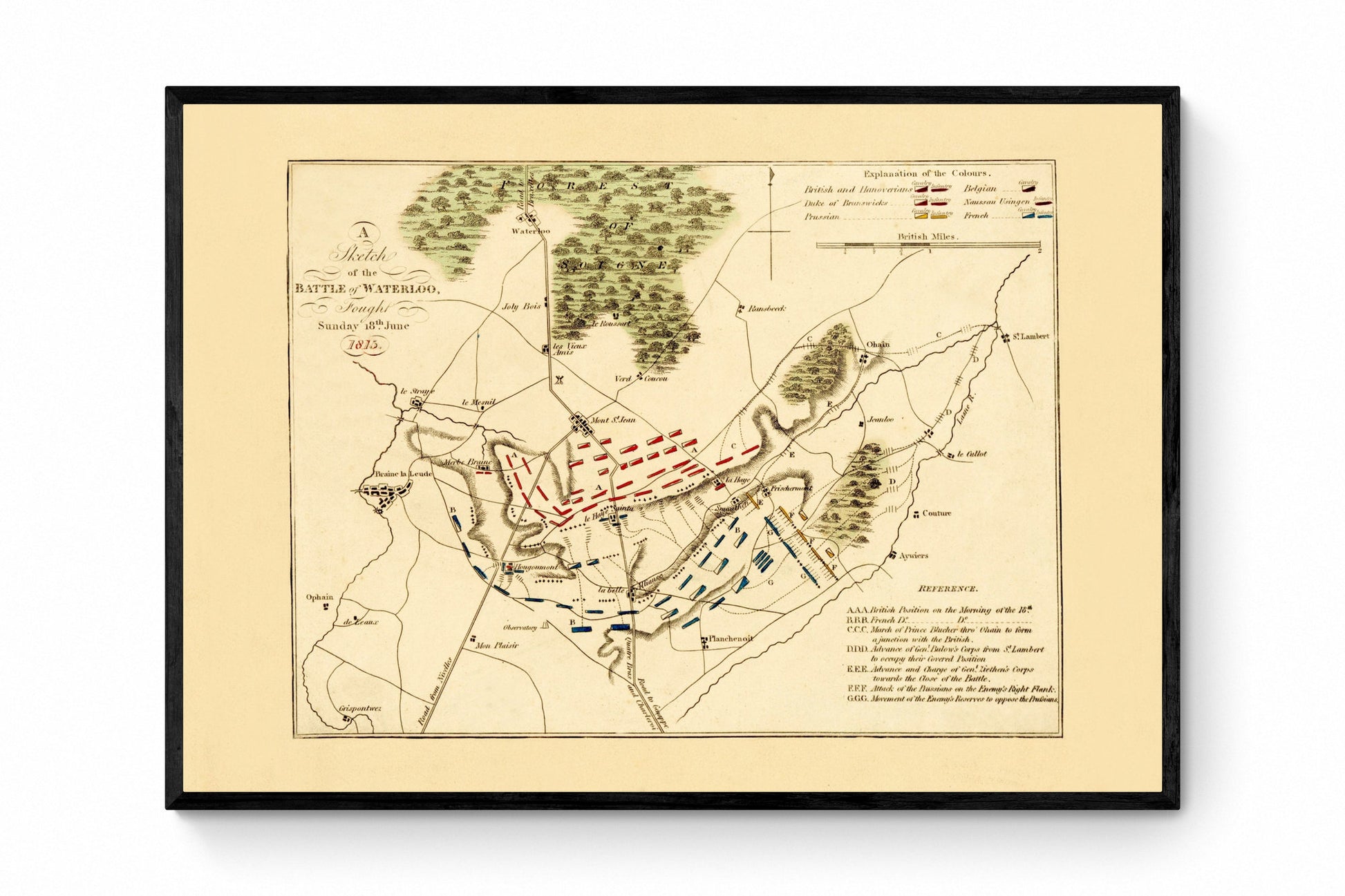 Battle of Waterloo Map showing positions in Battle - Antique Reproduction - Military History - Vintage Wall Map - Available Framed