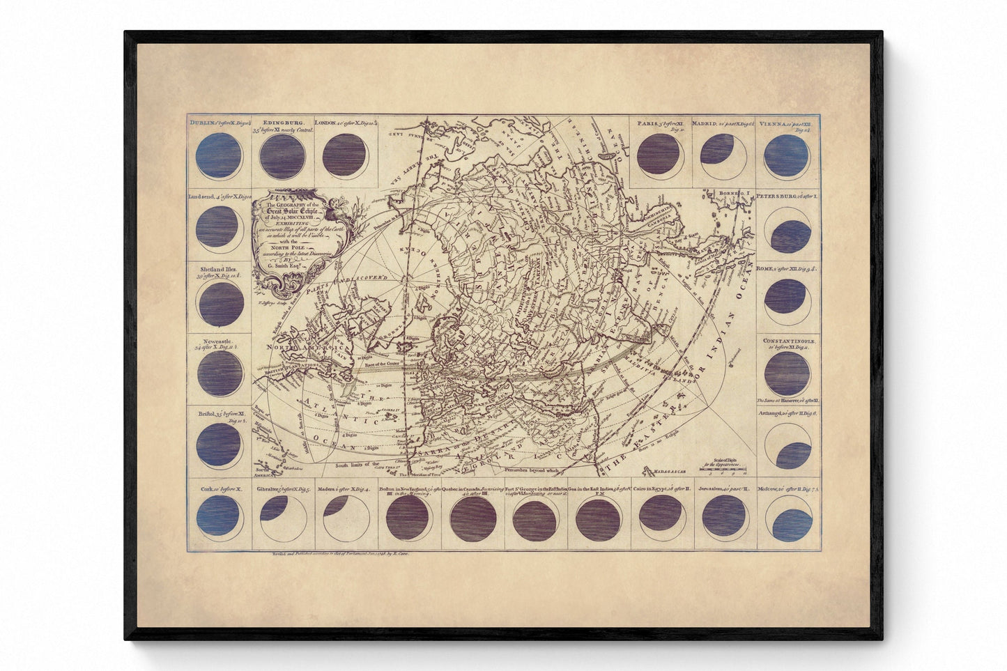 The Geography of the great Solar Eclipse of July 14 1748 - Antique Reproduction - Astronomy - Celestial Art - Wall Decor