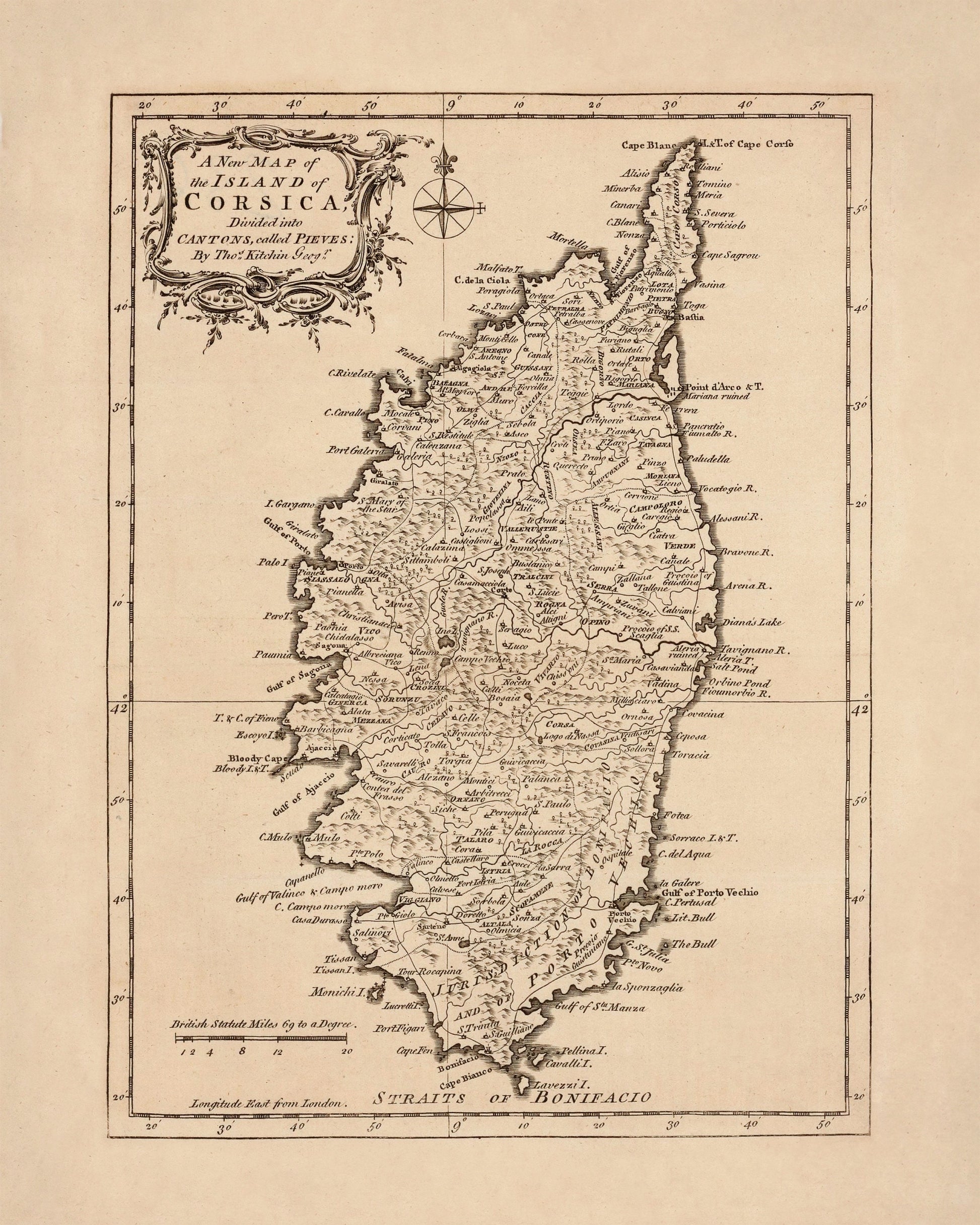 Corsica 18th Century Map - Antique Reproduction - France - Available Framed