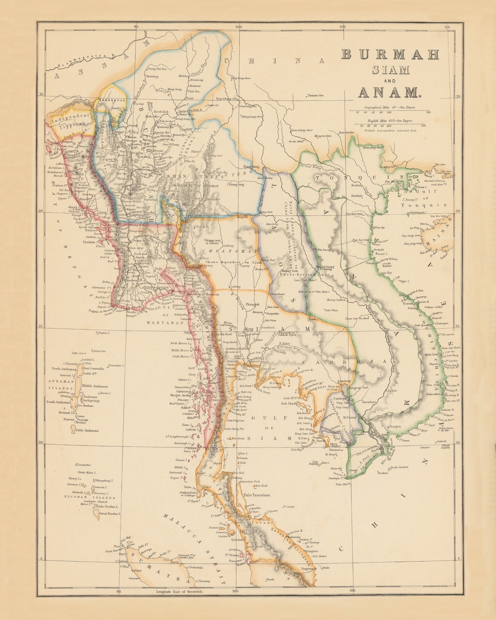 Burmah, Siam and Anam Map dated 1859 - Antique Reproduction - Myanmar, Thailand, Vietnam, Laos - Southeast Asia - Available Framed