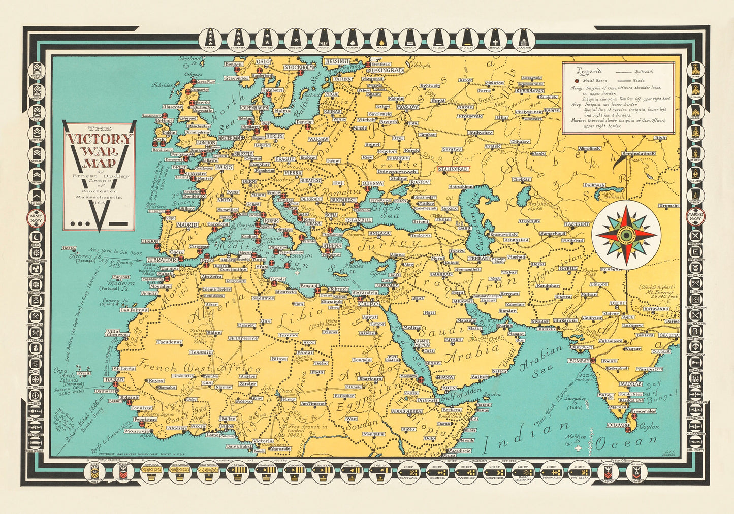 Victory War Map showing Naval Bases and Army, Navy and Marine Insignia - Antique Reproduction - Military History - Available Framed