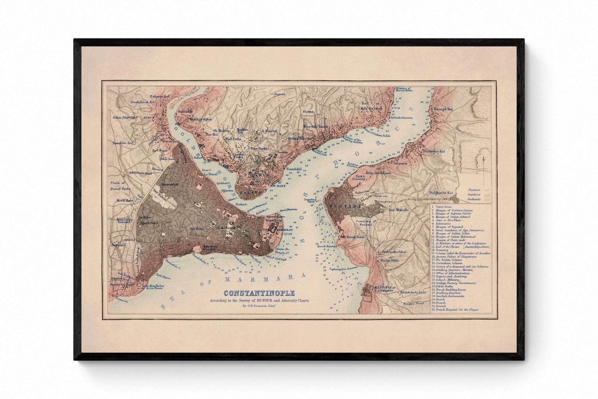 Constantinople (Istanbul) Map dated 1855 - Antique Reproduction - City Plan - Turkey - Ottoman Empire - Available Framed