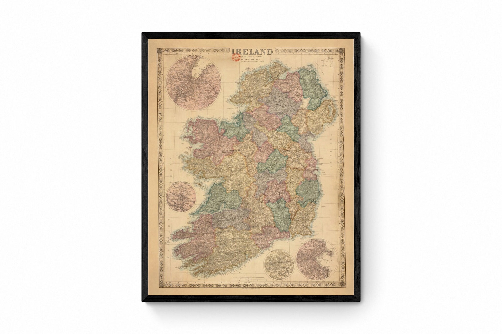 Ireland from the Ordnance Survey Map dated 19th Century - Antique Reproduction - Detailed Vintage Wall Map - Available Framed