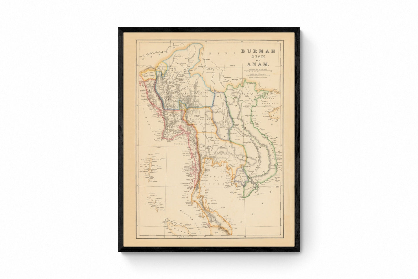 Burmah, Siam and Anam Map dated 1859 - Antique Reproduction - Myanmar, Thailand, Vietnam, Laos - Southeast Asia - Available Framed