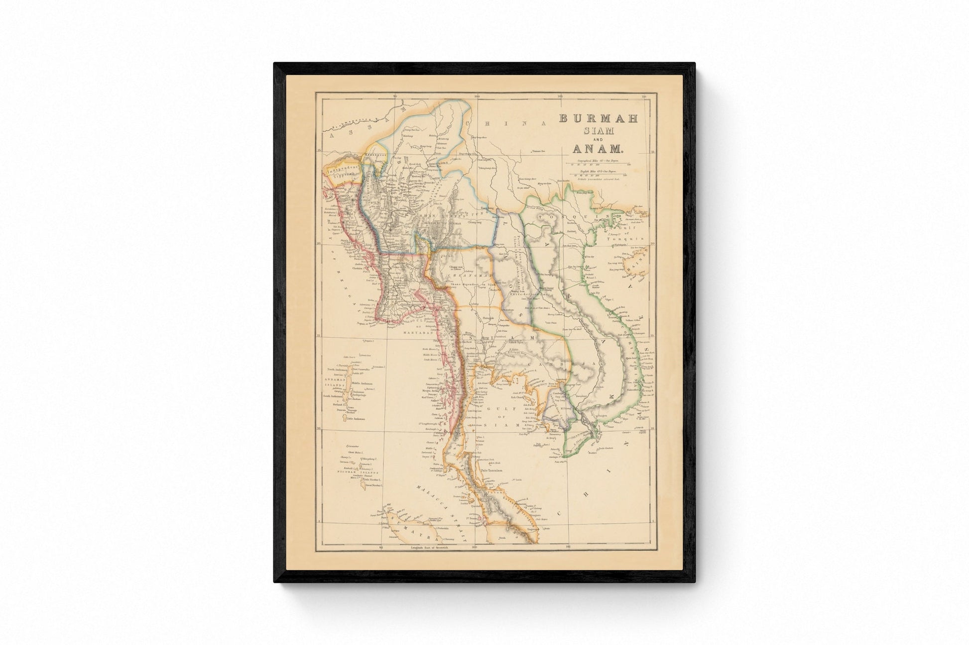 Burmah, Siam and Anam Map dated 1859 - Antique Reproduction - Myanmar, Thailand, Vietnam, Laos - Southeast Asia - Available Framed