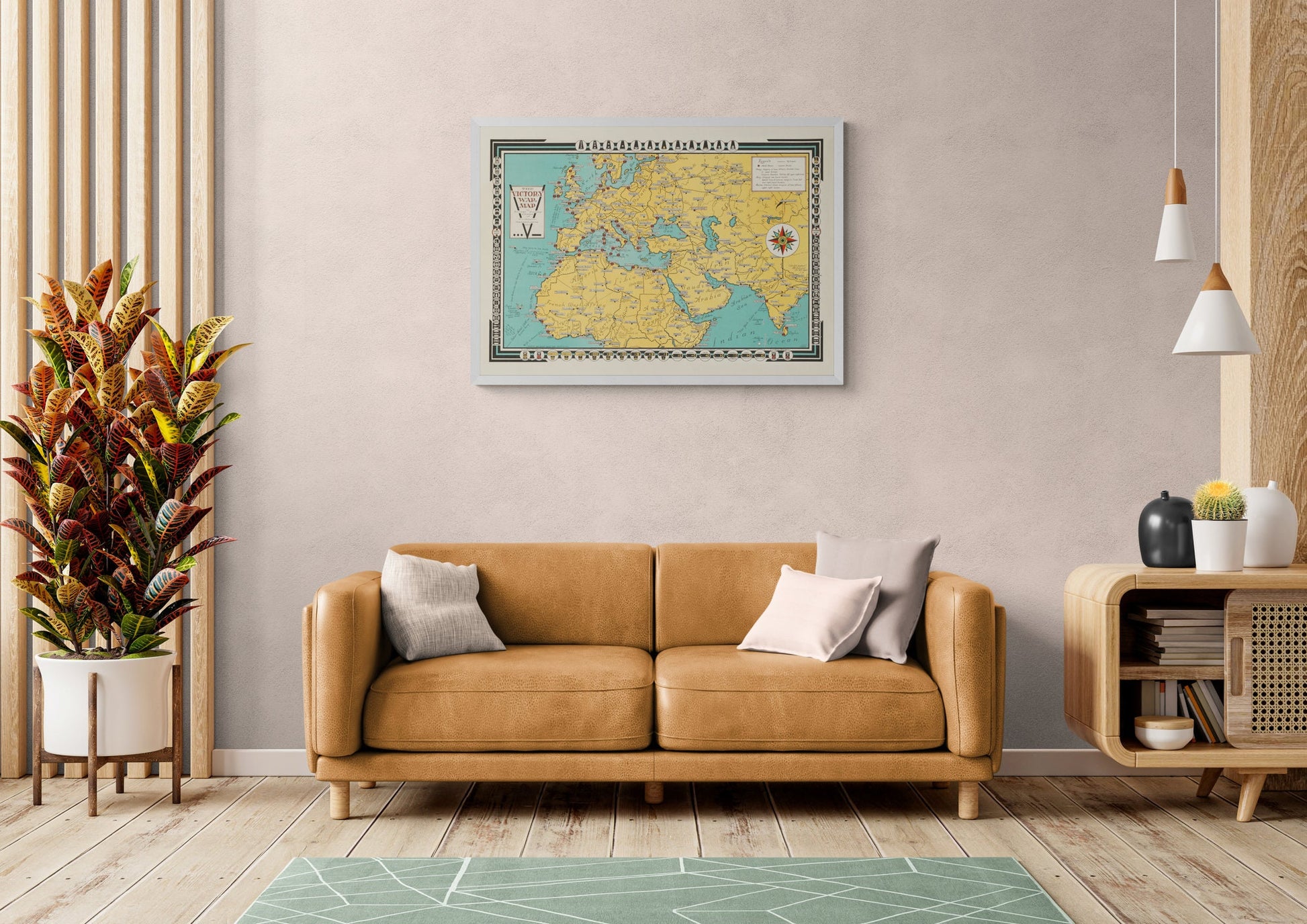 Victory War Map showing Naval Bases and Army, Navy and Marine Insignia - Antique Reproduction - Military History - Available Framed