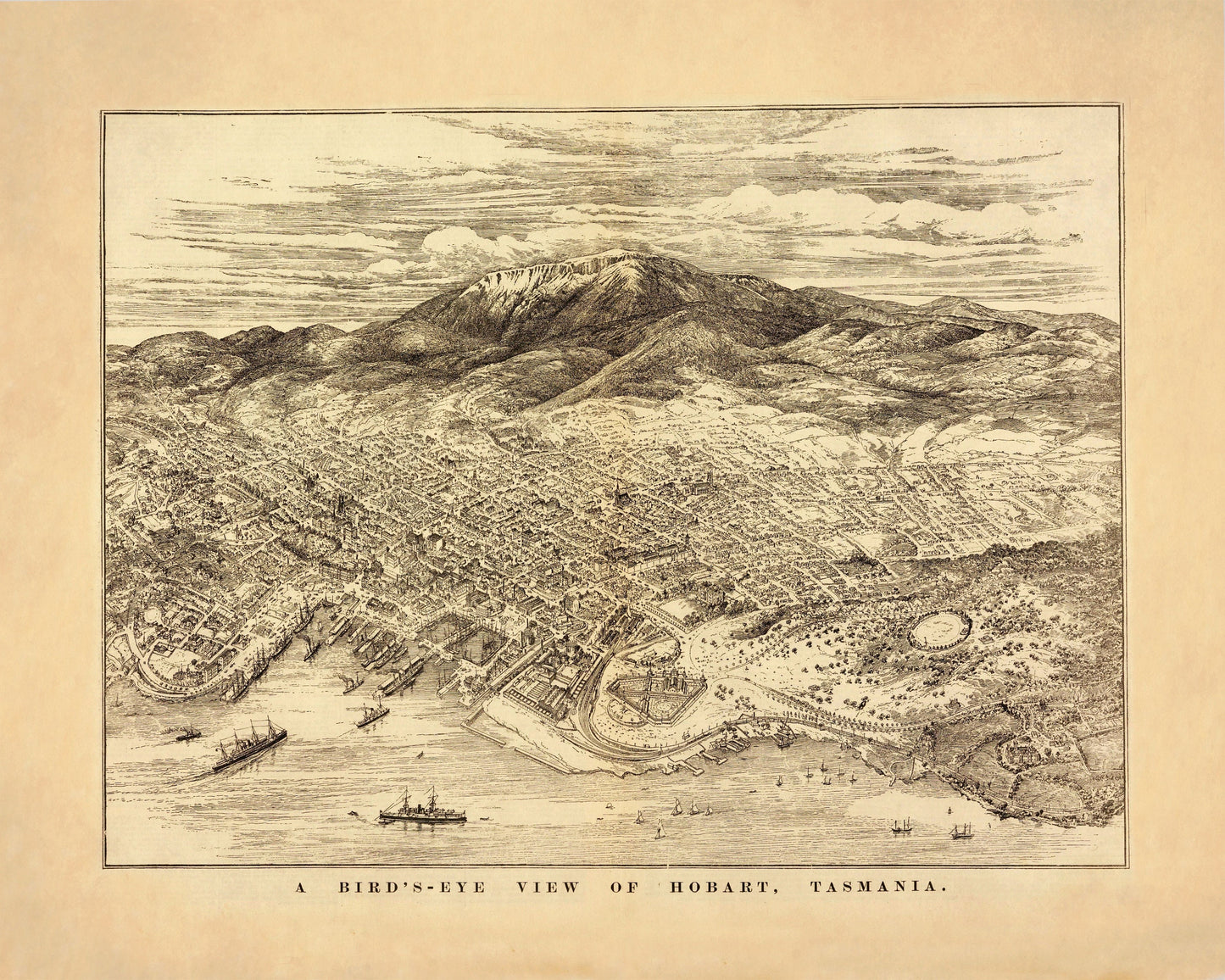 Hobart, Tasmania Birds Eye View Map - Antique Reproduction - Dated 1894 - City Plan - Australia - Available Framed