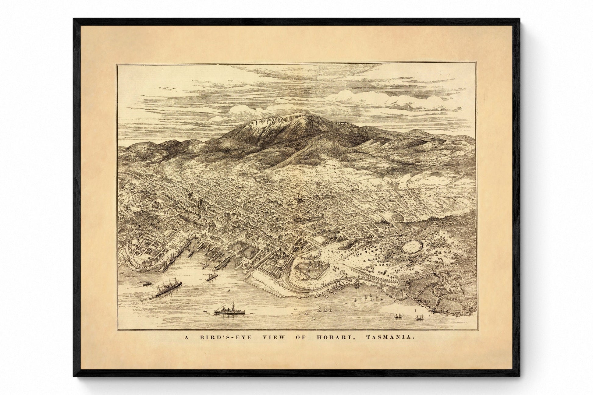 Hobart, Tasmania Birds Eye View Map - Antique Reproduction - Dated 1894 - City Plan - Australia - Available Framed