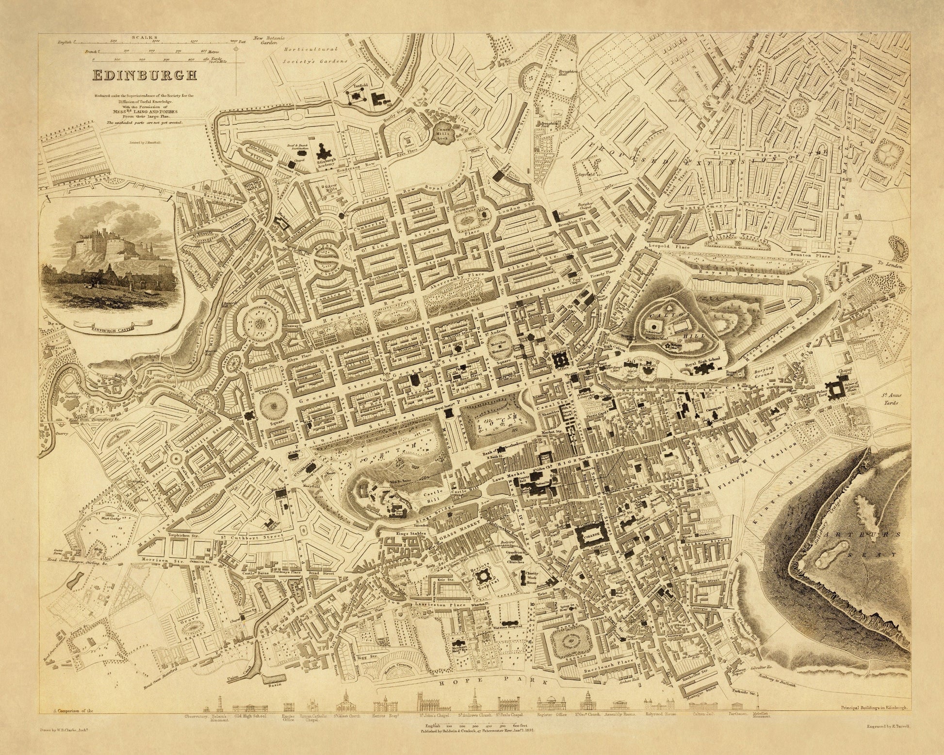 Edinburgh City Plan dated 1834 with inset engraving of Edinburgh Castle - Antique Reproduction - City Map - Scotland - Available Framed