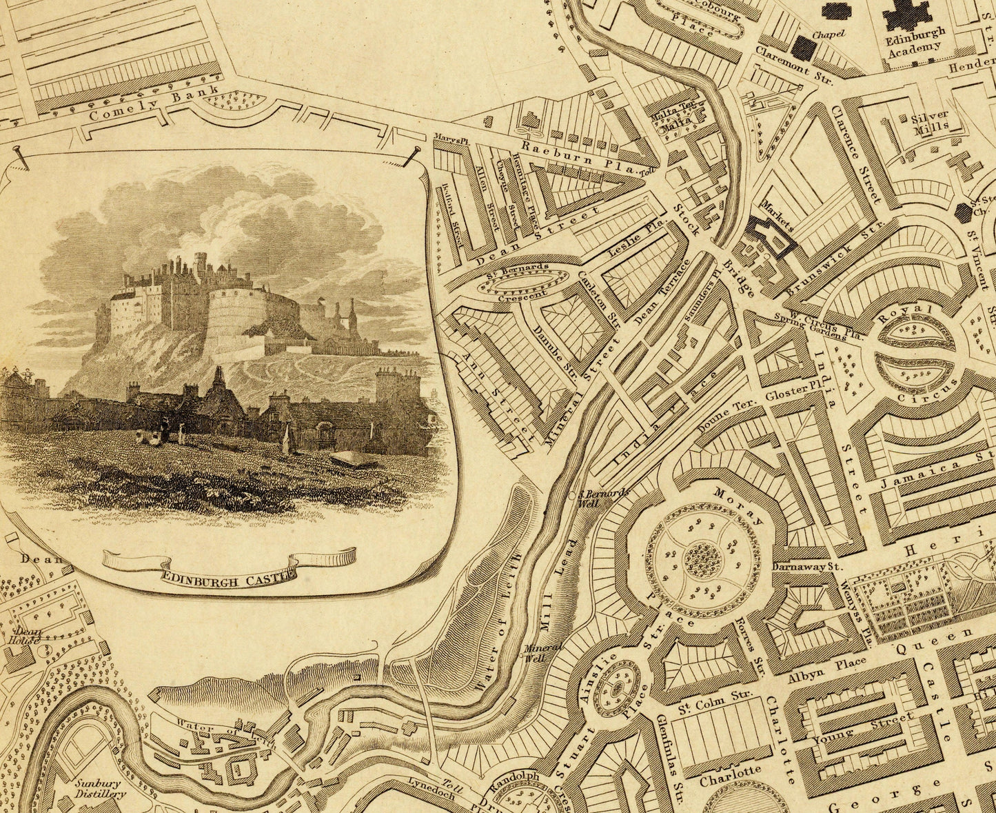 Edinburgh City Plan dated 1834 with inset engraving of Edinburgh Castle - Antique Reproduction - City Map - Scotland - Available Framed