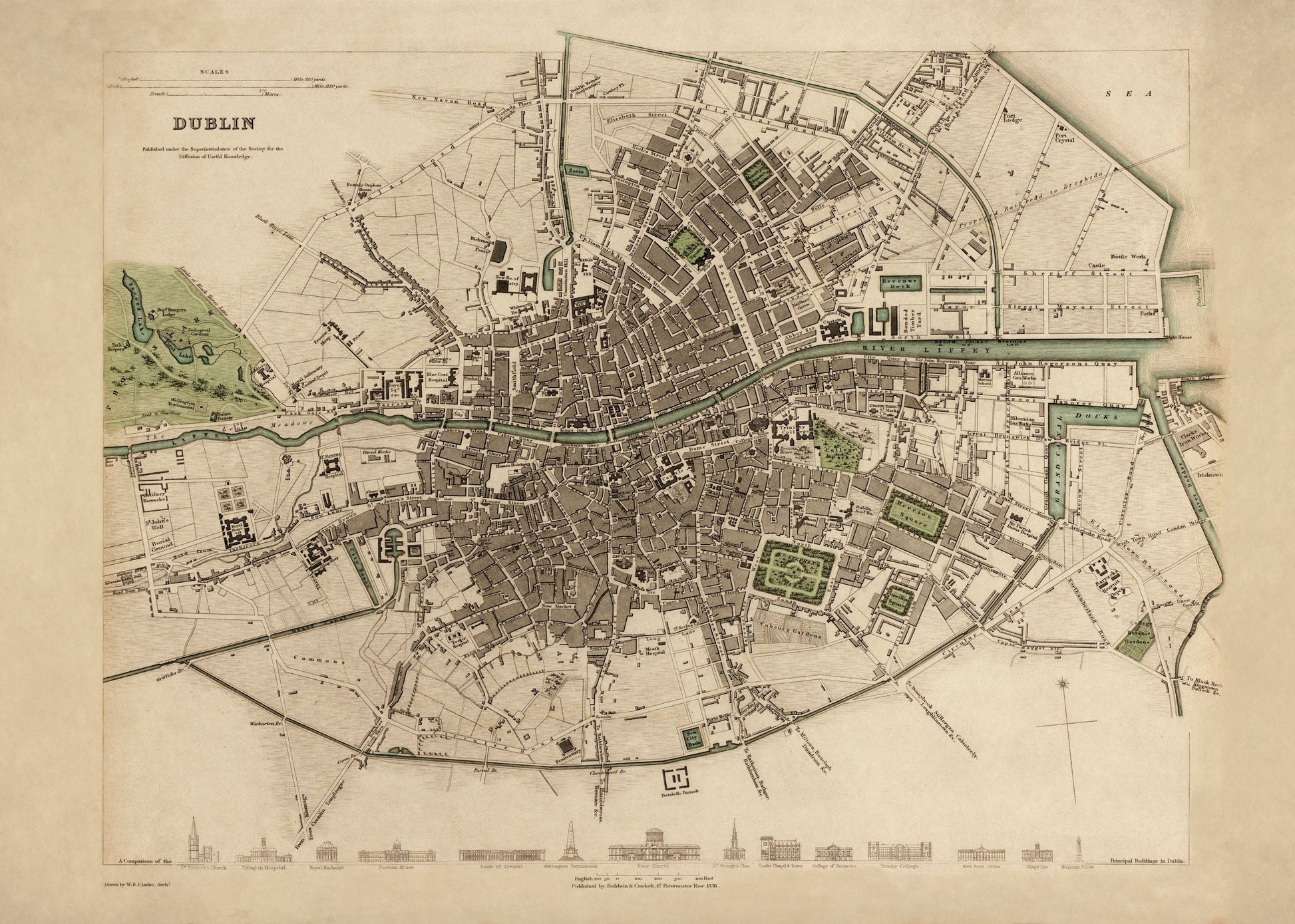 Dublin City Plan dated 1836 - Ireland - Antique Reproduction - Available Framed