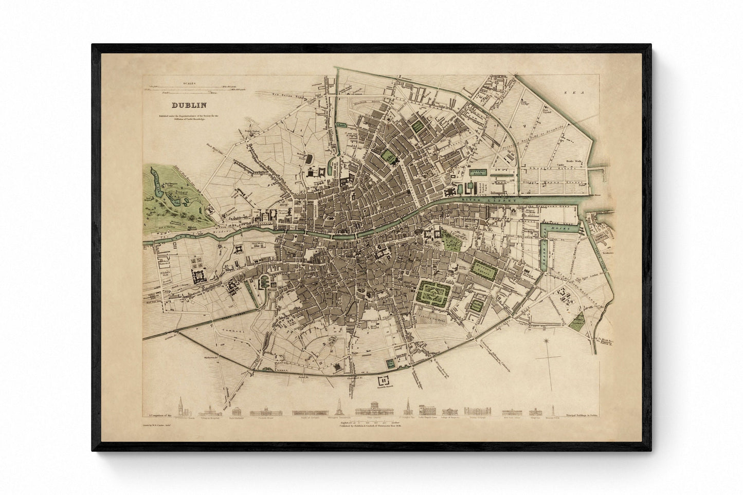 Dublin City Plan dated 1836 - Ireland - Antique Reproduction - Available Framed