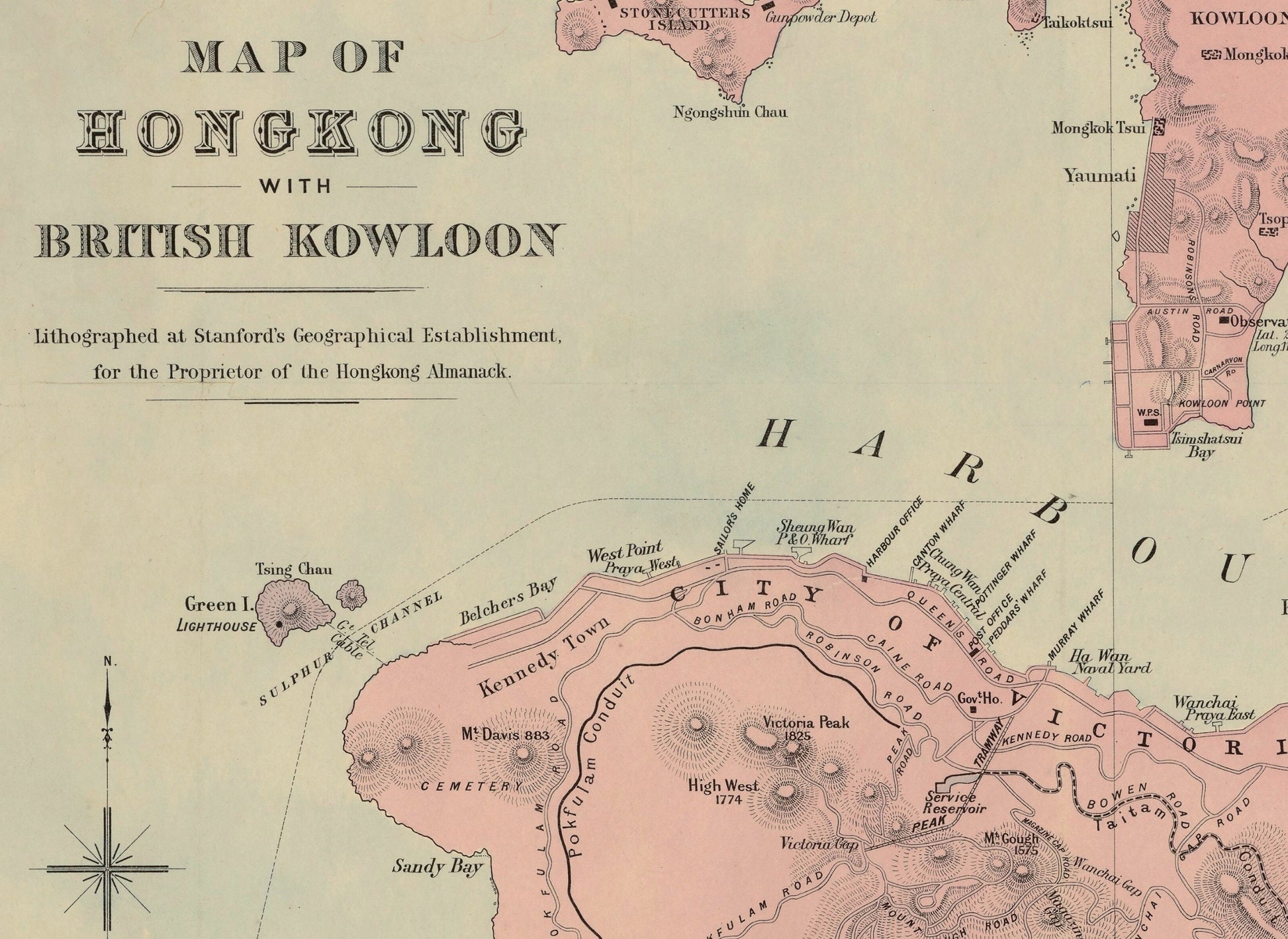 Map of Hong Kong with British Kowloon dated 1888 - Antique Reproduction - Available Framed