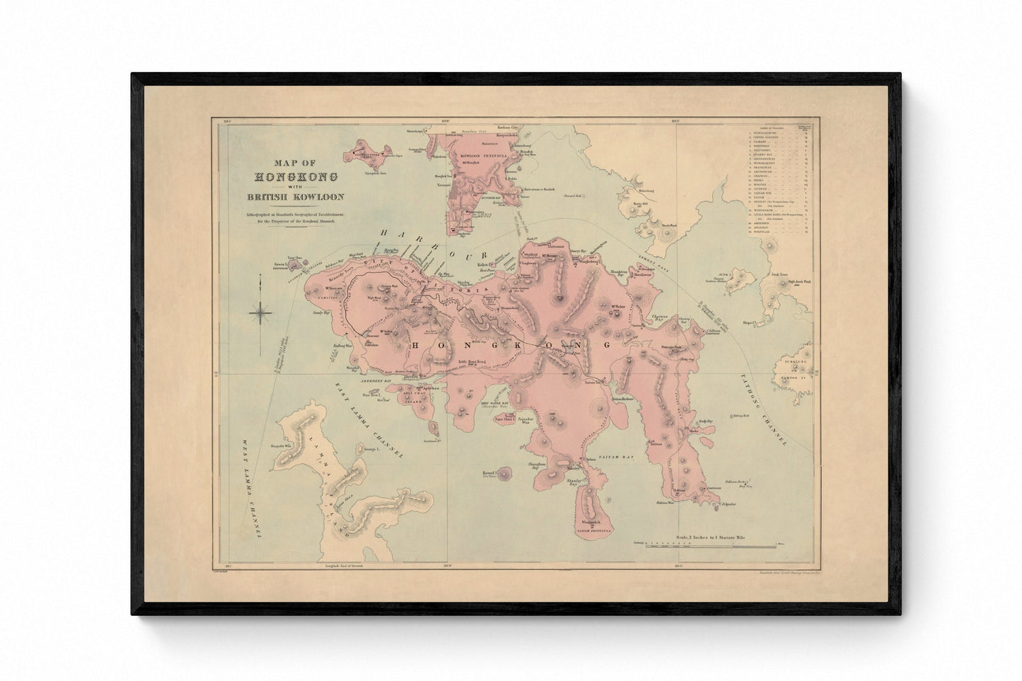 Map of Hong Kong with British Kowloon dated 1888 - Antique Reproduction - Available Framed