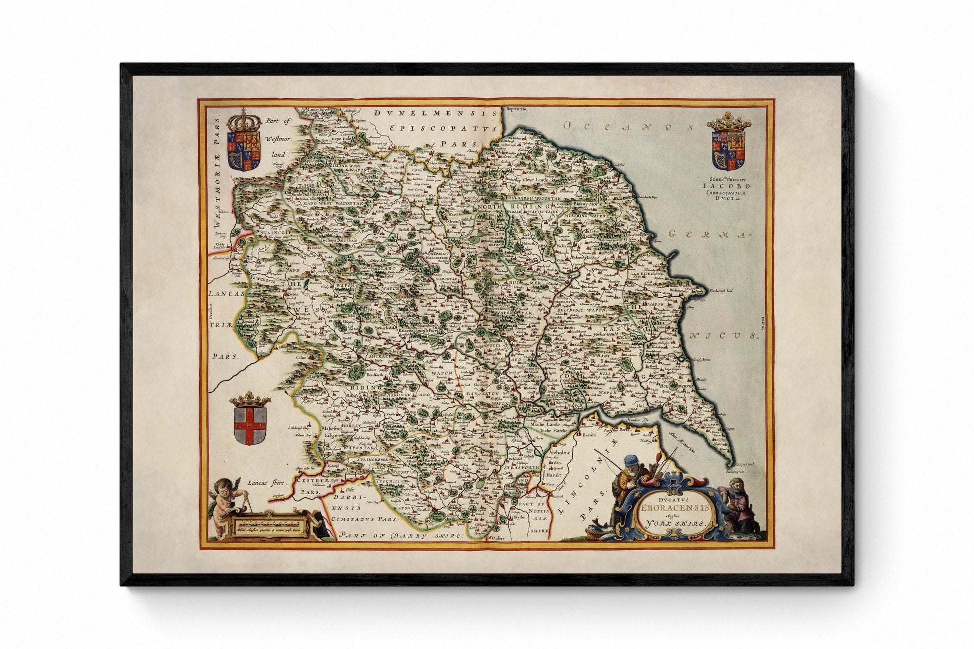 Map of Yorkshire dated 1645 - Antique Reproduction - County Map - Atlas Van der Hagen - Available Framed