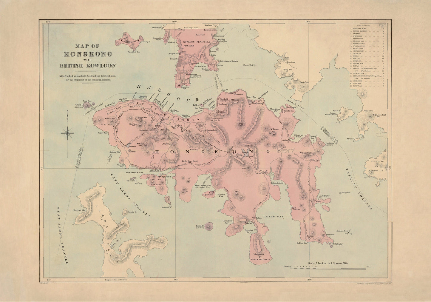 Map of Hong Kong with British Kowloon dated 1888 - Antique Reproduction - Available Framed