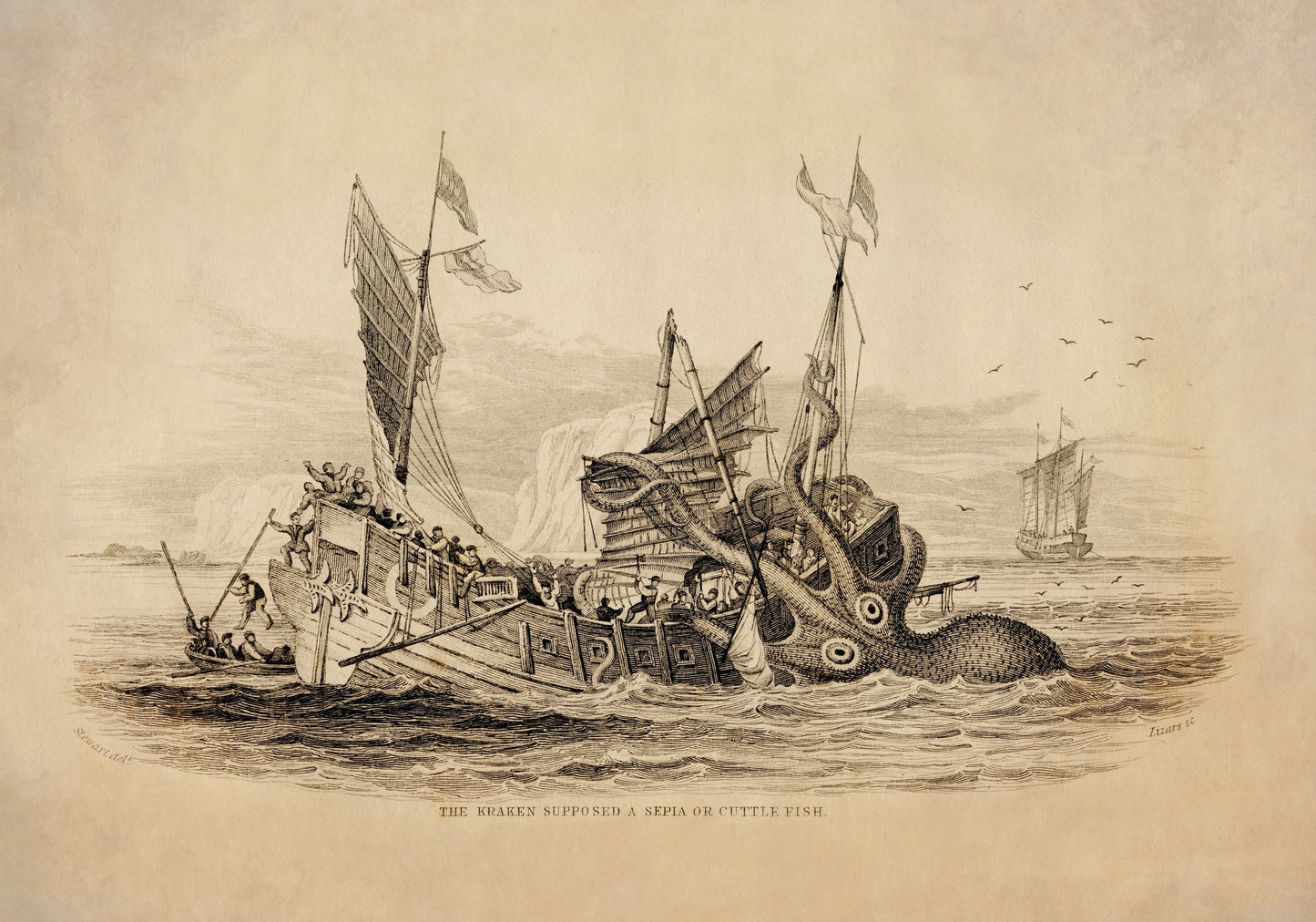 Kraken attacking Ship Print dated 1839 - Antique Reproduction - The Kraken supposed a Sepia or Cuttlefish - Jardine - Available Framed