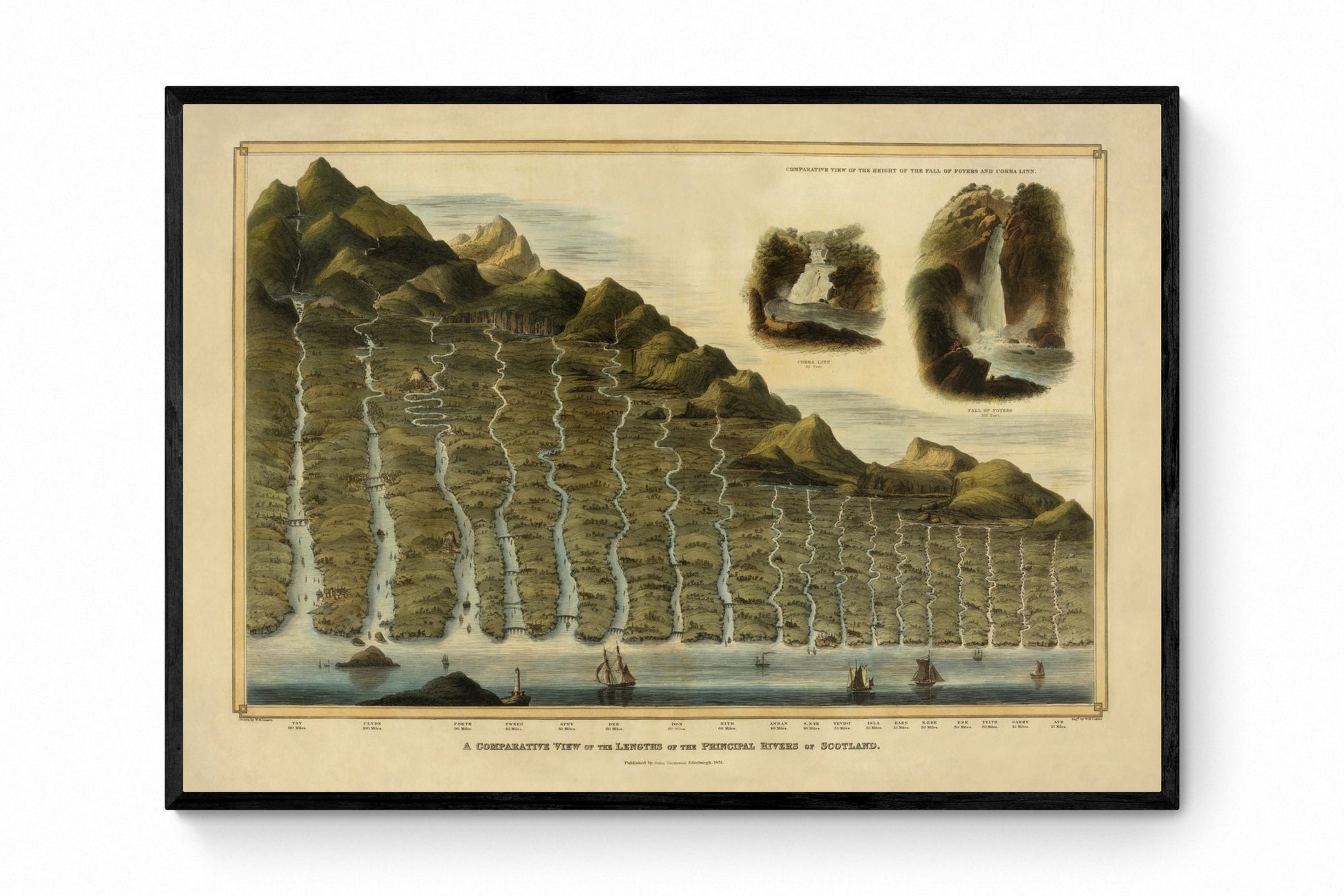 Comparative View of the Lengths of the Principal Rivers of Scotland - Antique Reproduction - Geography - Available Framed